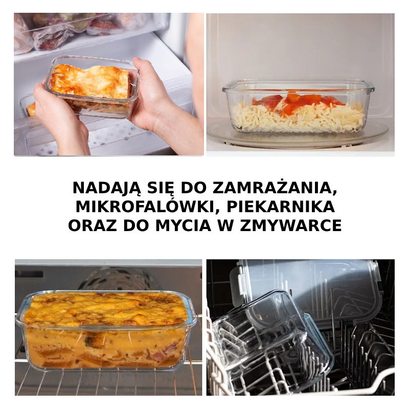 Pojemniki szklane prostokątne lunchbox GierekHoff Corio GH 1103 zestaw 4 sztuki żaroodporne hermetyczne 1520/1050/640/370 ml