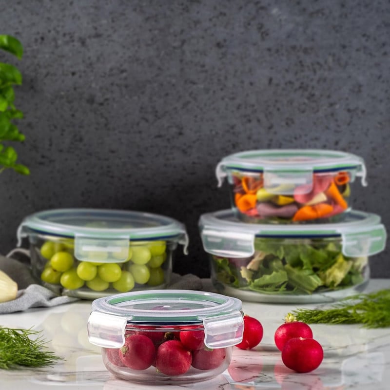 Pojemniki szklane okrągłe lunchbox GierekHoff Corio GH 1101 zestaw 3 sztuki żaroodporne hermetyczne 1200/950/400 ml