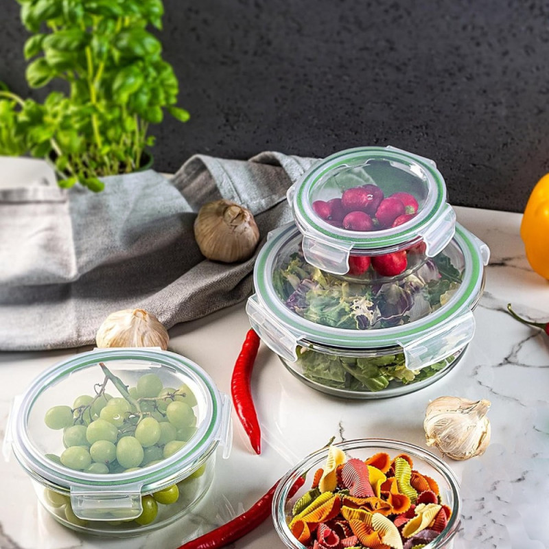 Pojemniki szklane okrągłe lunchbox GierekHoff Corio GH 1101 zestaw 3 sztuki żaroodporne hermetyczne 1200/950/400 ml