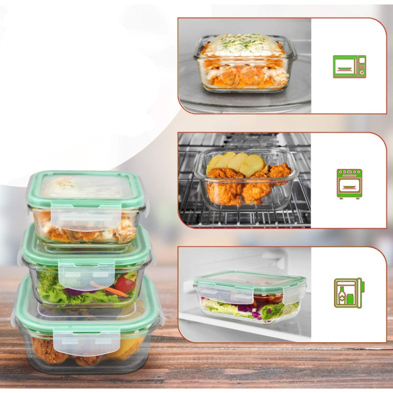 Pojemniki szklane kwadratowe lunchbox GierekHoff Corio GH 1102 zestaw 3 sztuki żaroodporne hermetyczne 1200/800/320 ml