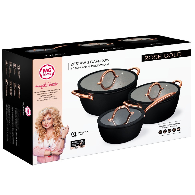 Garnki MG Home Rose Gold 6 elementów zestaw 3 garnków 16/20/24 cm rondel na indukcję
