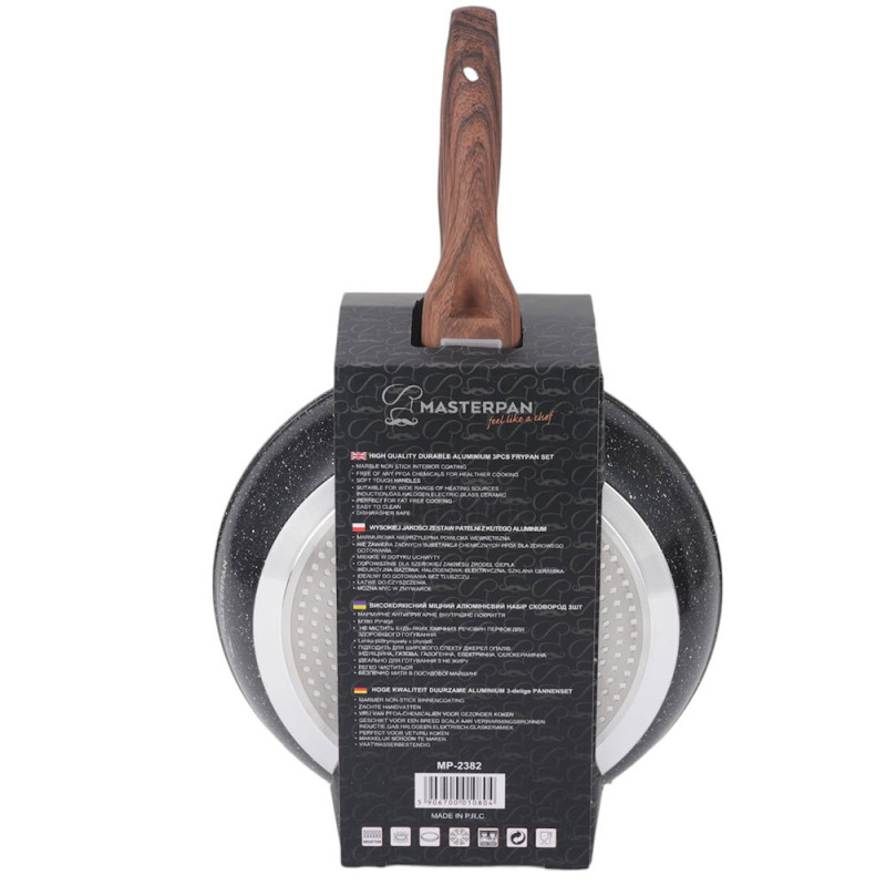 Patelnie aluminiowe z powłoką marmurkową 20/24/28 cm zestaw 3 sztuk czarne Masterpan MP 2382