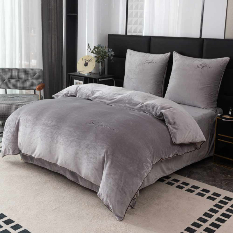 Pościel haftowana 200x220 mikrofibra "miś" Cotton World gruba 3 części 2879 szara