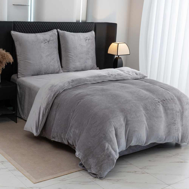 Pościel haftowana 200x220 mikrofibra "miś" Cotton World gruba 3 części 2879 szara