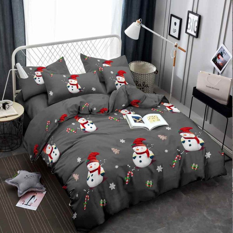 Pościel świąteczna 160x200 bawełna satynowa dwustronna Fashion Home gruba 3 części A022 grafitowa z bałwanem