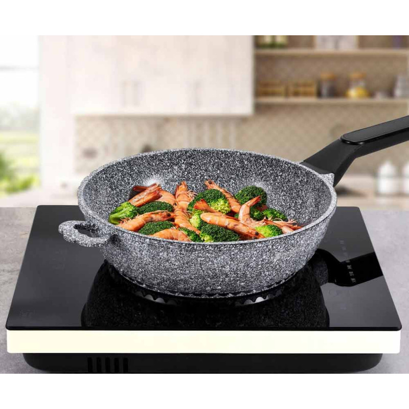 Patelnia głęboka z pokrywką szary marmurek 24 cm powłoka granitowa Eltehoff E 7023 indukcja gaz