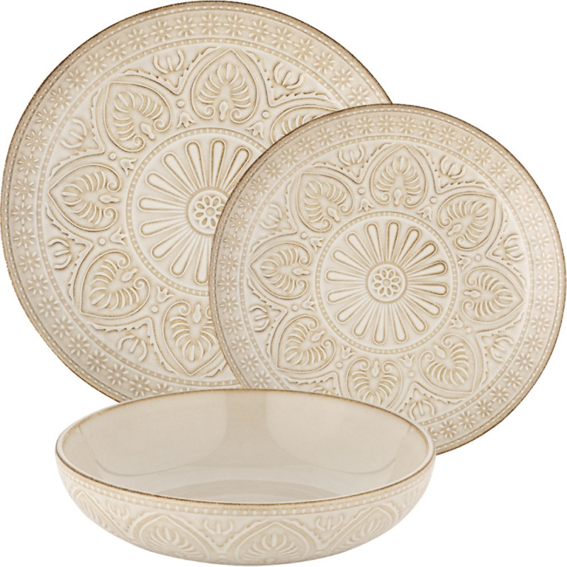 Serwis obiadowy porcelanowy Florina Aristo 24 elementy zestaw talerzy i kubków dla 6 osób zdobione beżowe