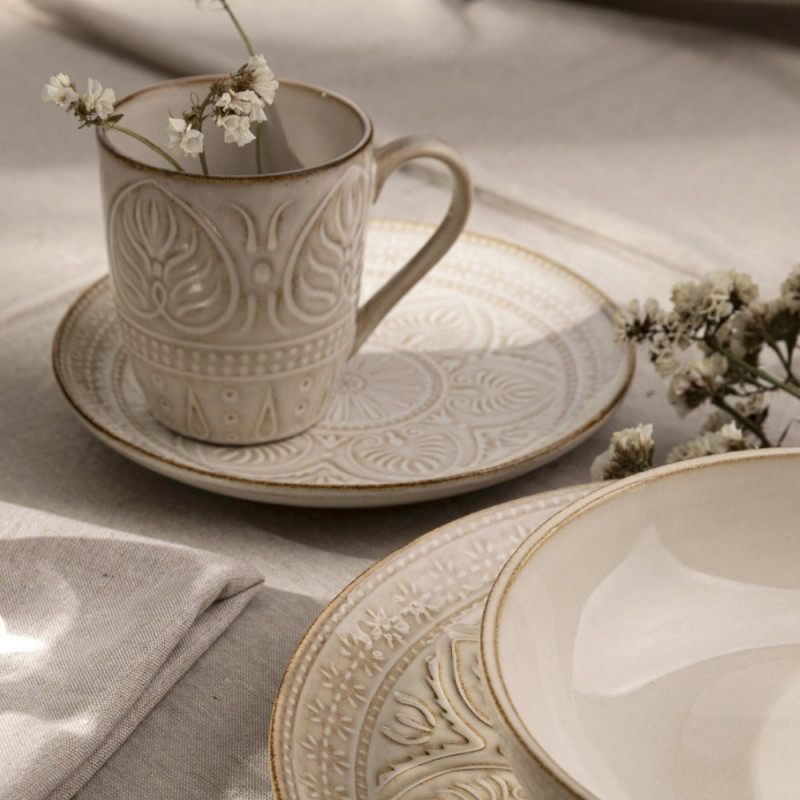 Serwis obiadowy porcelanowy Florina Aristo 24 elementy zestaw talerzy i kubków dla 6 osób zdobione beżowe