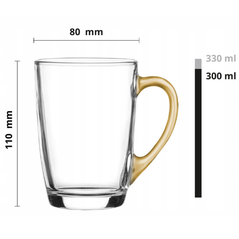 Szklanki ze złotym uchem 300 ml Glasmark Ala do herbaty kawy latte macchiato komplet 6 sztuk