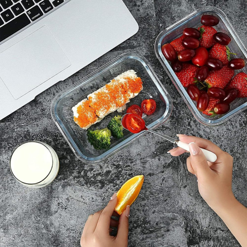 Pojemniki szklane 640 ml prostokątne lunchbox Altom Fresh zestaw 3 sztuki żaroodporne hermetyczne