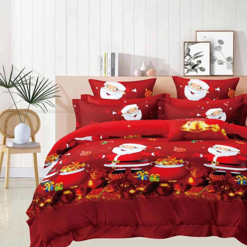 Pościel świąteczna 160x200 bawełna satynowa dwustronna Fashion Home gruba 3 części A031 czerwona Mikołaj z prezentam