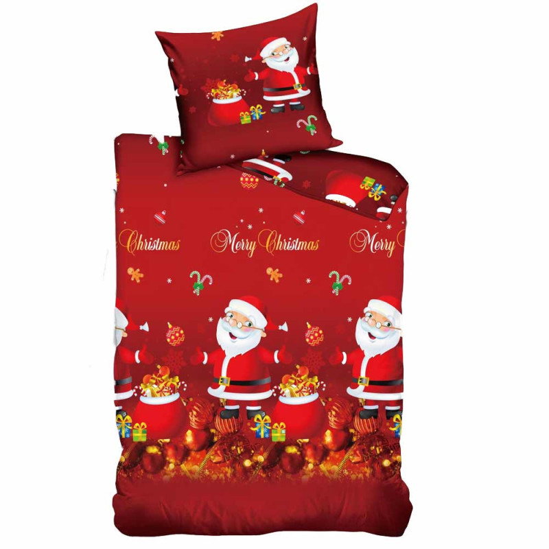 Pościel świąteczna 160x200 bawełna satynowa dwustronna Fashion Home gruba 3 części A031 czerwona Mikołaj z prezentam