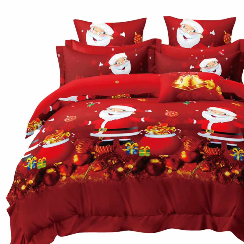 Pościel świąteczna 160x200 bawełna satynowa dwustronna Fashion Home gruba 3 części A031 czerwona Mikołaj z prezentam