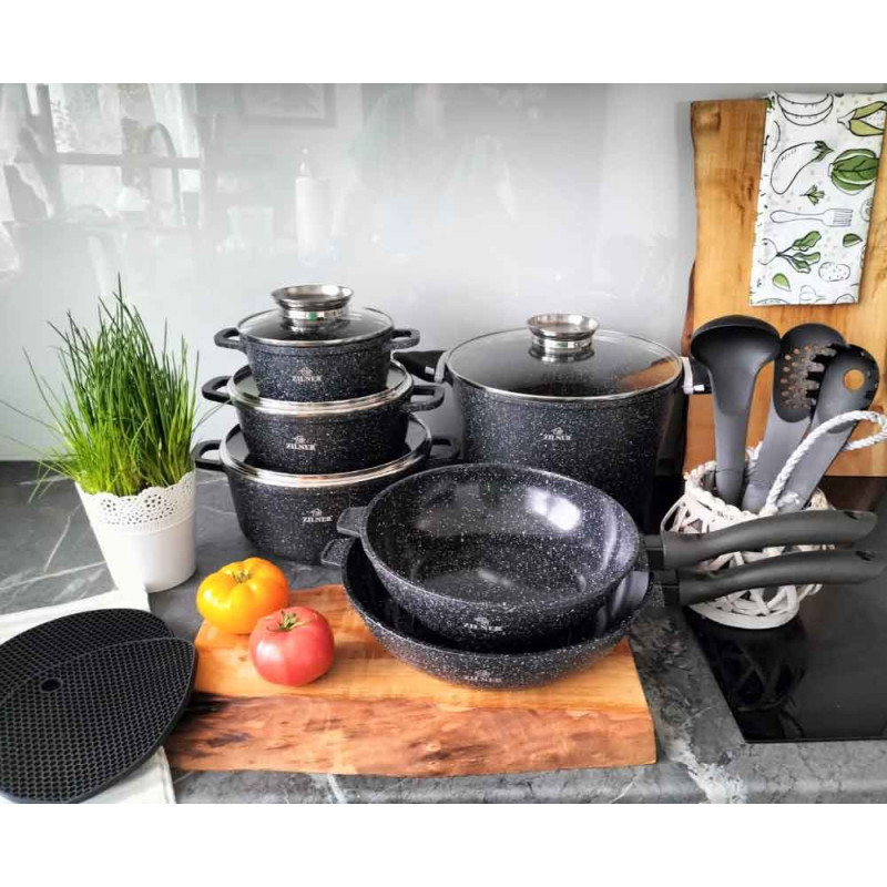 Garnki marmurowe czarne zestaw 17 elementowy patelnie przybory Zilner ZL 8536 indukcja gaz