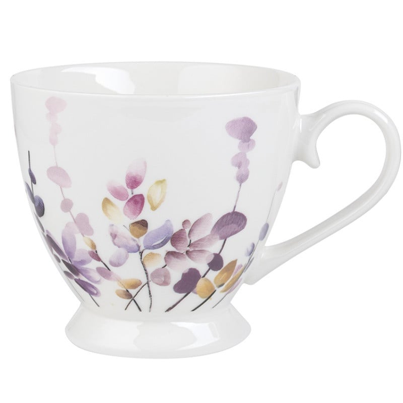 Kubki porcelanowe na nóżce Florina Japandi 400 ml zestaw 6 kubków białe wzór kwiaty