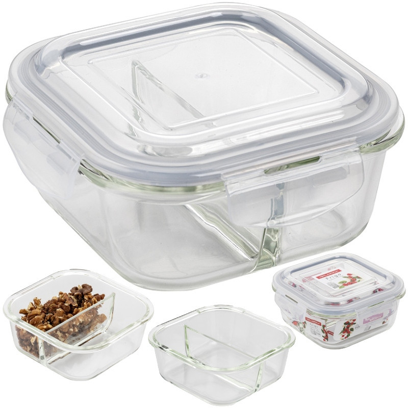 Pojemniki szklane dzielone dwukomorowe Florina Frigo 750 ml zestaw 3 sztuki kwadratowe lunchbox hermetyczne