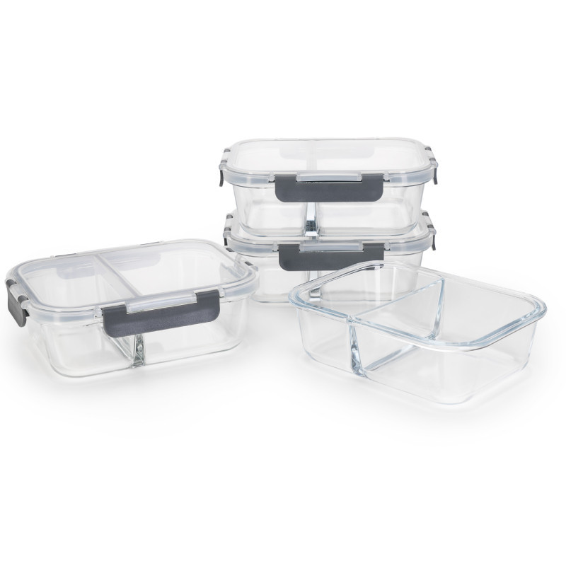 Zestaw 4 pojemników szklanych 1050 ml z przegrodą lunchbox GierekHoff Split 1104 żaroodporne hermetyczne dwukomorowe