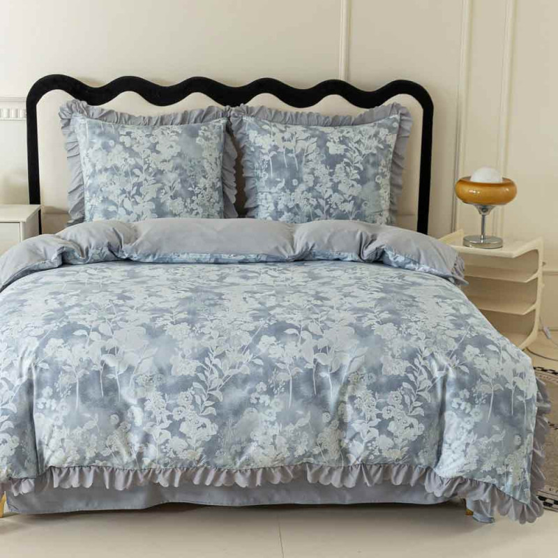 Pościel z falbanką 160x200 mikrofibra Cotton World 3 części szara w kwiaty 2915