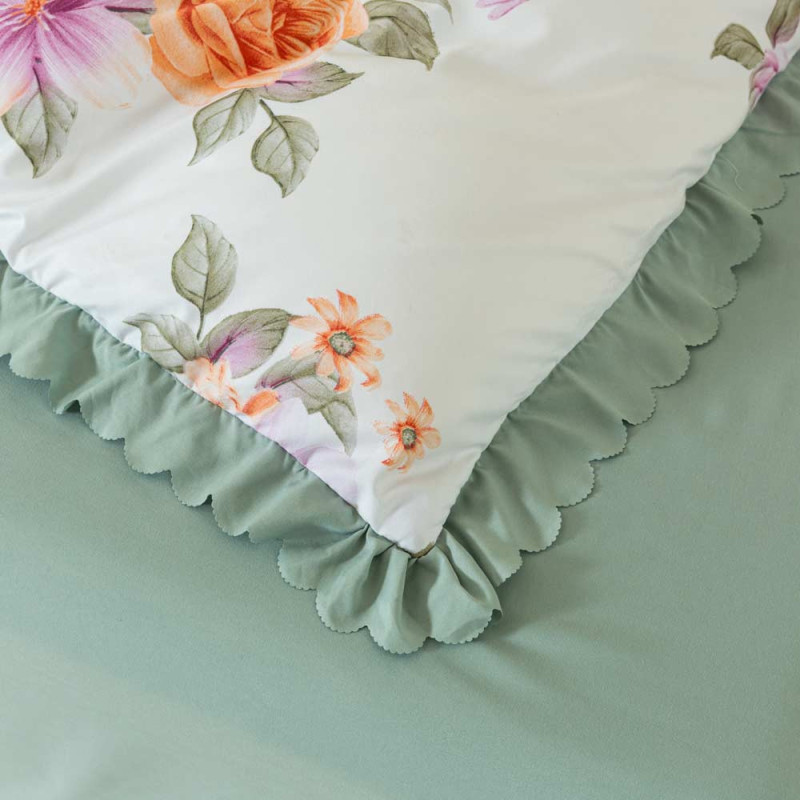 Pościel z falbanką 160x200 mikrofibra Cotton World 3 części zielona w kwiaty 2910