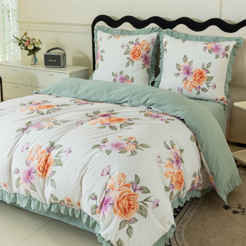 Pościel z falbanką 160x200 mikrofibra Cotton World 3 części zielona w kwiaty 2910