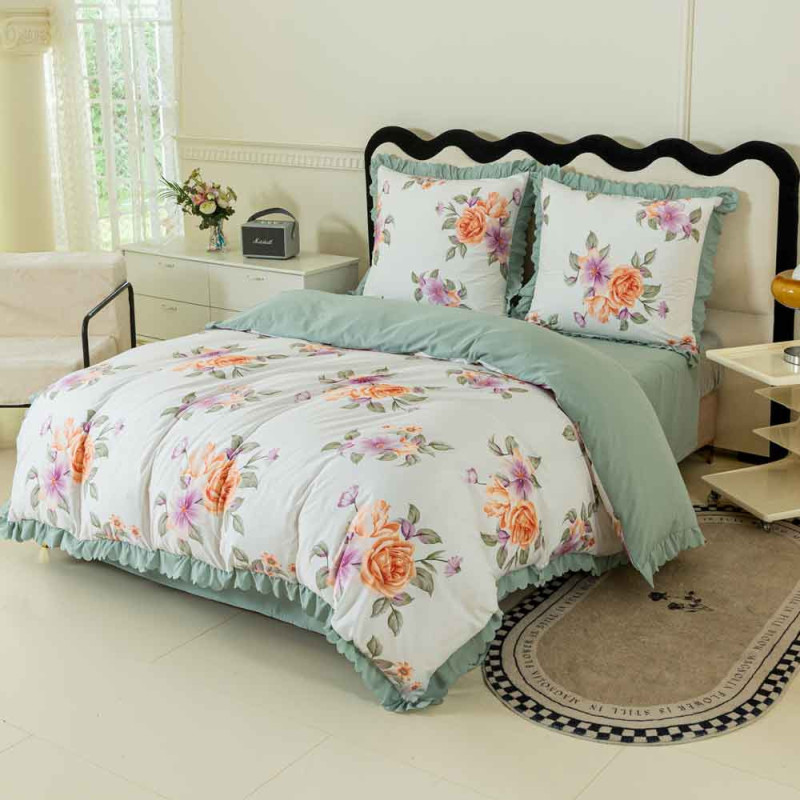 Pościel z falbanką 160x200 mikrofibra Cotton World 3 części zielona w kwiaty 2910
