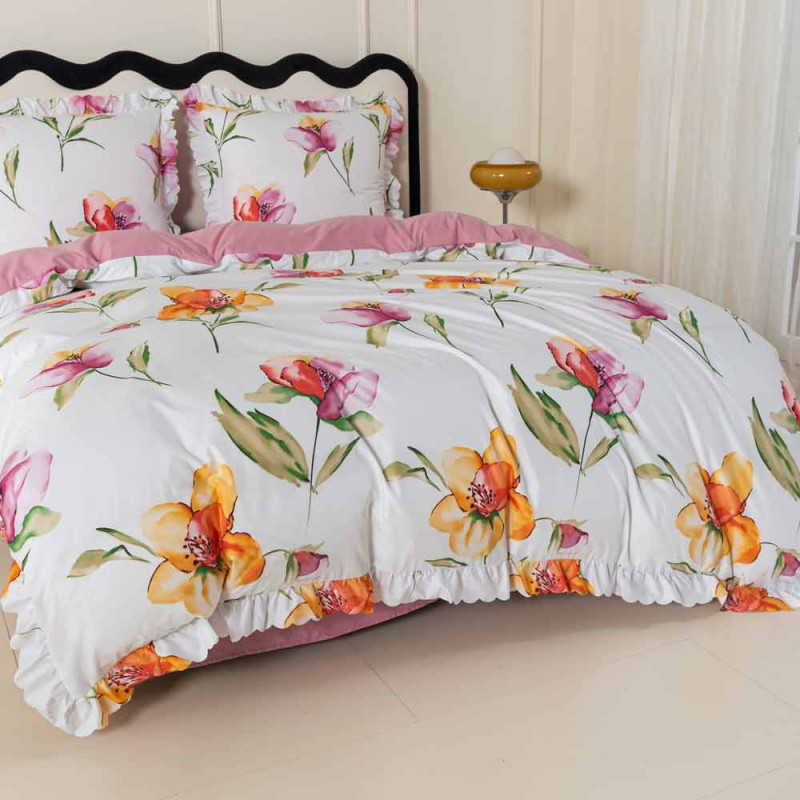 Pościel z falbanką 220x200 mikrofibra Cotton World 3 części różowa w kwiaty 2903