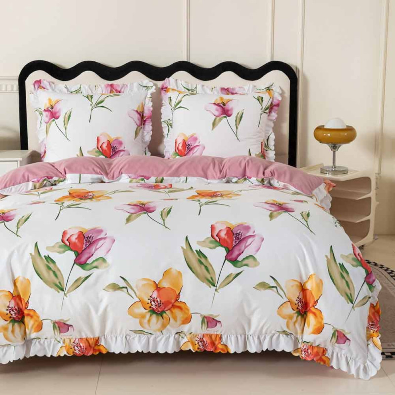Pościel z falbanką 160x200 mikrofibra Cotton World 3 części różowa w kwiaty 2903
