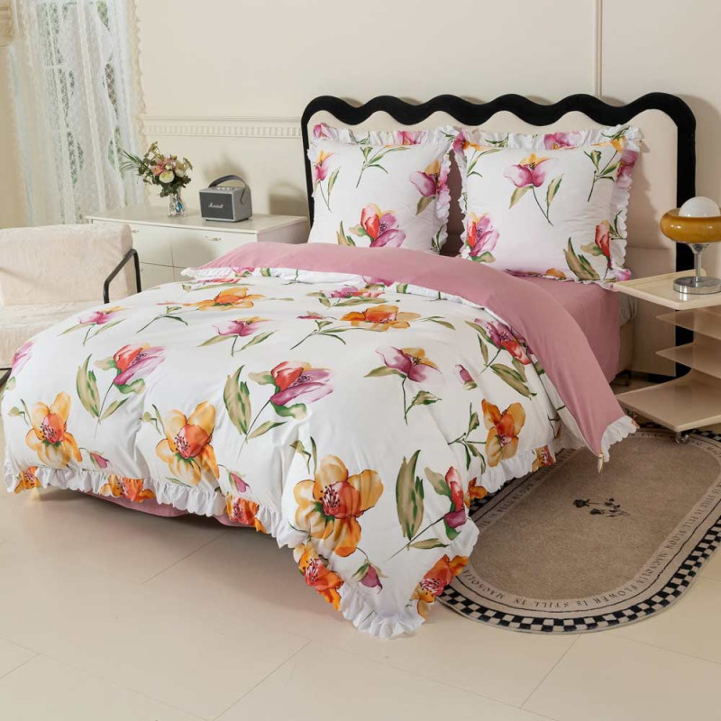 Pościel z falbanką 140x200 mikrofibra Cotton World 2 części różowa w kwiaty 2903