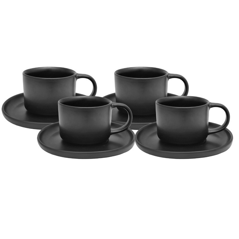 Filiżanki porcelanowe 220 ml ze spodkiem MG Home Artena czarne serwis kawowy zestaw 4 sztuki