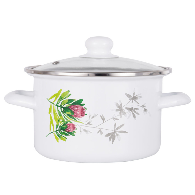 Garnek emaliowany prosty 3.75 L z pokrywką szklaną 20 cm biały w kwiaty Protea Florentyna gaz indukcja