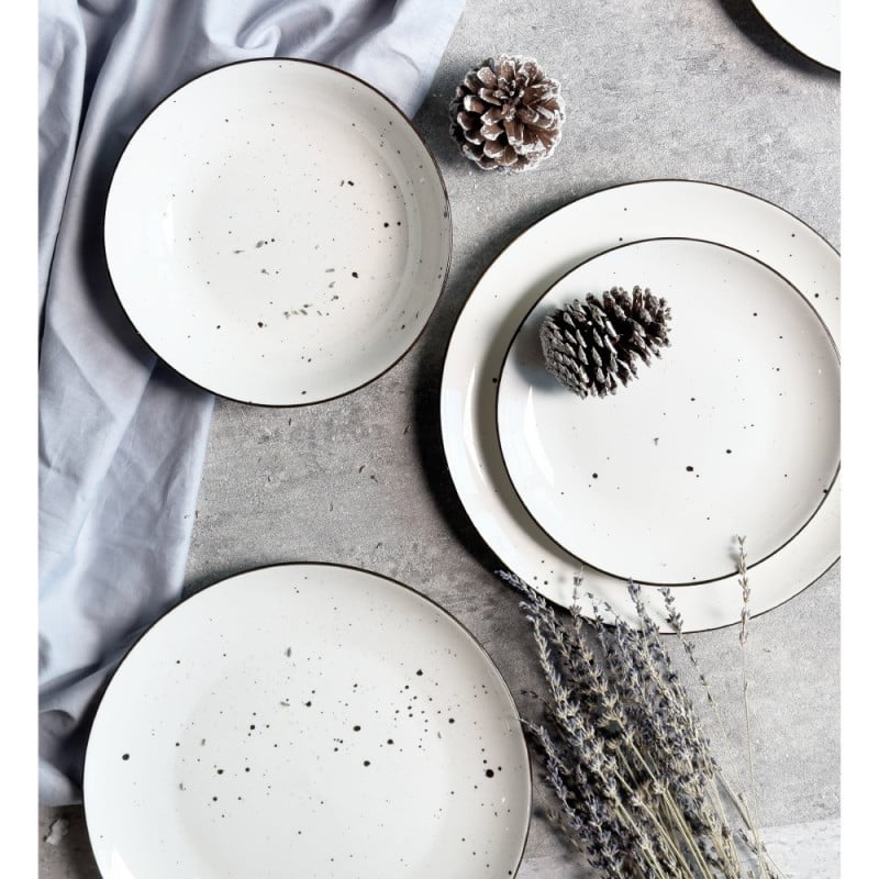 Serwis obiadowy porcelanowy MG Home Gemma 12 elementów zestaw talerzy dla 4 osób biały nakrapiany