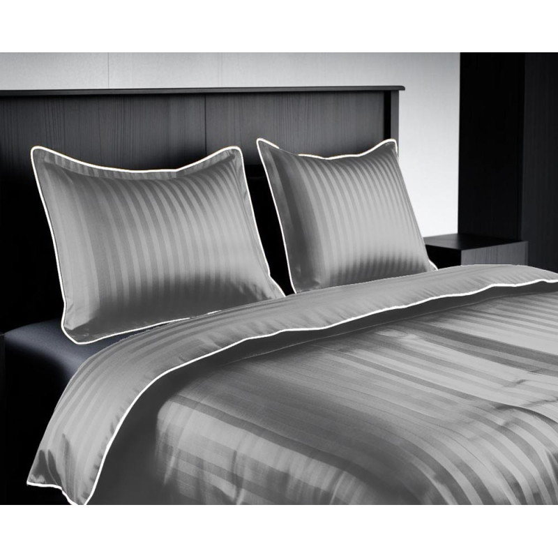 Pościel hotelowa adamaszek 140x200 dwustronna w paski GierekHoff KOMA 5928 gruba 2 el szara z białą lamówka