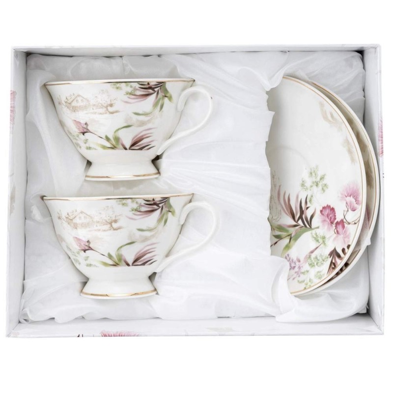 Serwis kawowy dla 2 osób Idilla porcelana zestaw filiżanek ze spodkami 2+2 biały Florina