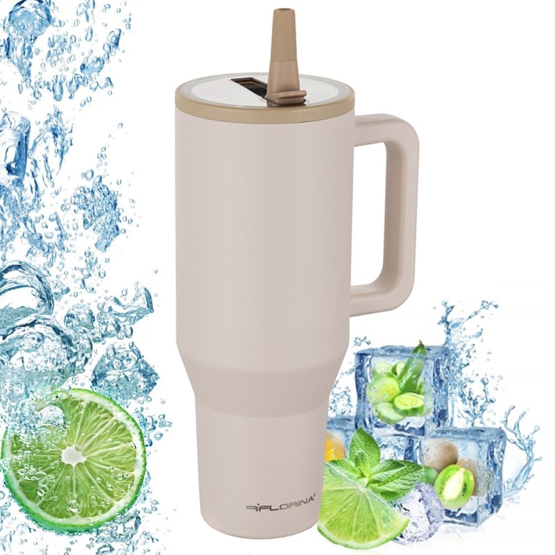 Kubek termiczny 1100 ml nierdzewny próżniowy do zimnych i gorących napojów ze słomka Florina Power beżowy