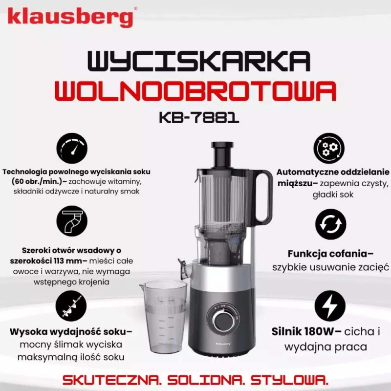 Wyciskarka do soku z warzyw owoców wolnoobrotowa pionowa grafitowa Kinghoff KH 7881