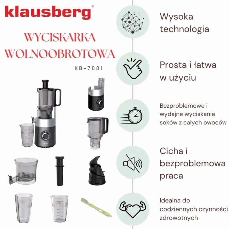 Wyciskarka do soku z warzyw owoców wolnoobrotowa pionowa grafitowa Kinghoff KH 7881