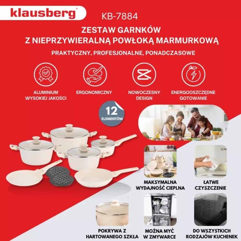 Garnki beżowe zestaw 12 elementowy komplet garnków z patelniami i rondlem Klausberg KB-7884