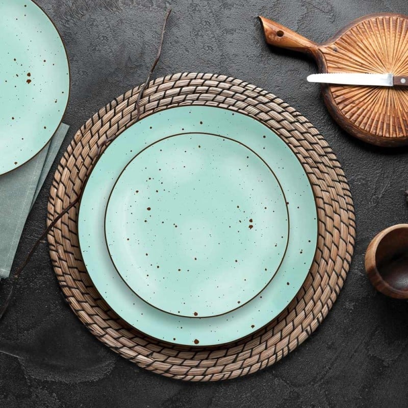 Serwis obiadowy porcelanowy MG Home Gemma Green 18 elementów zestaw talerzy dla 6 osób zielone nakrapiane