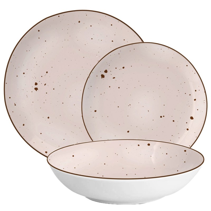 Serwis obiadowy porcelanowy MG Home Gemma Pink 18 elementów zestaw talerzy dla 6 osób różowych nakrapiane