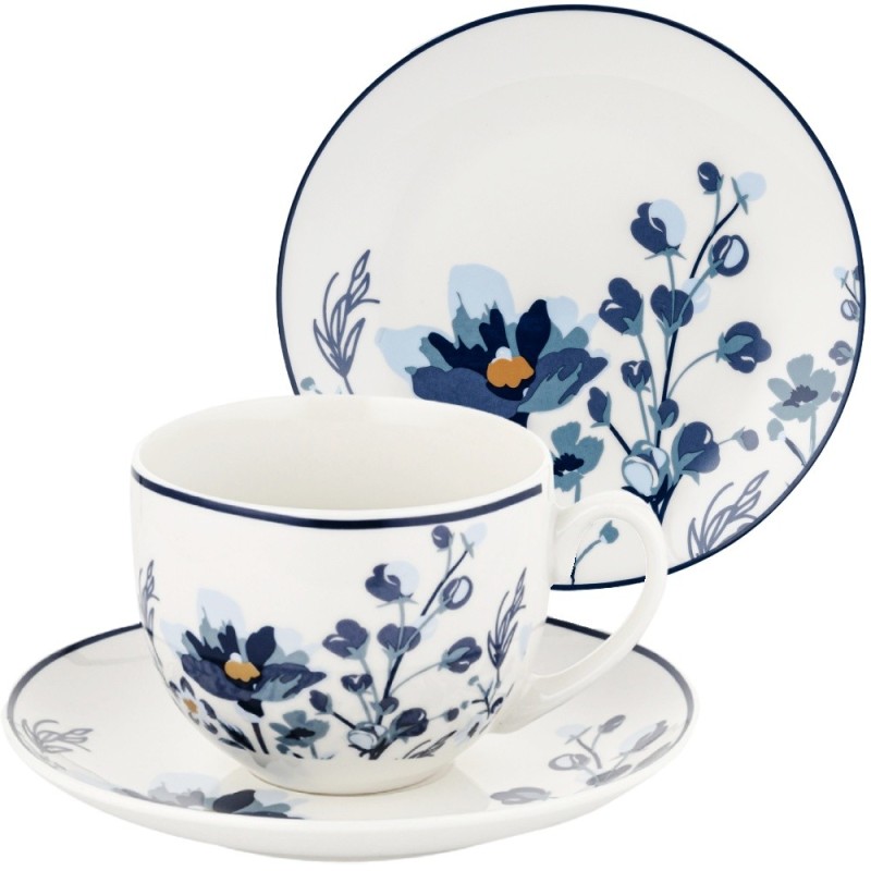 Komplet 6 filiżanek ze spodkami i 6 talerzyków 20 cm porcelana Florina Fiordi 240 ml do kawy zestaw białe ze wzorem kwiatowym