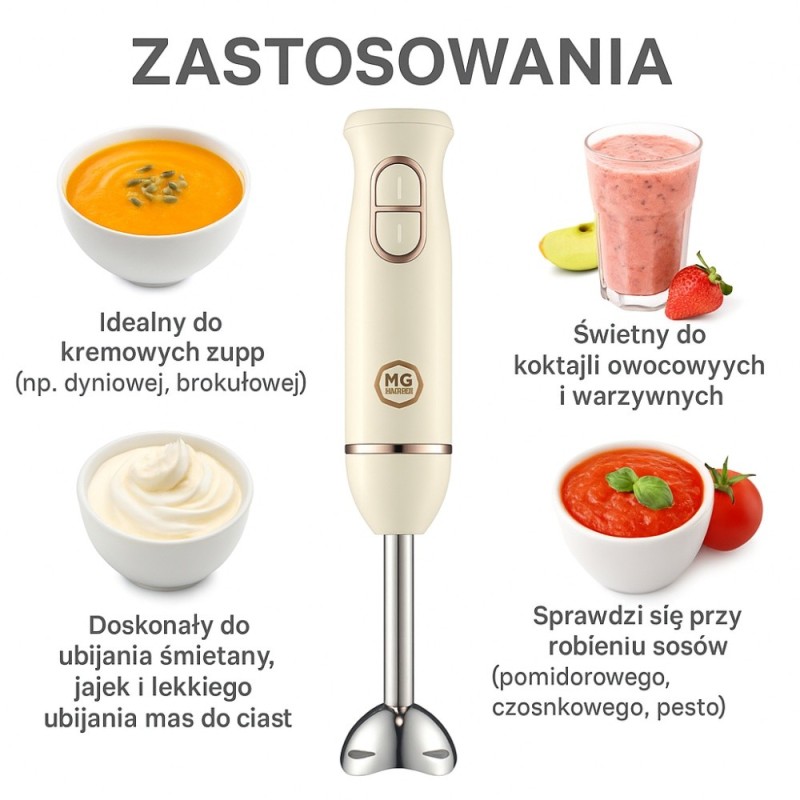 Blender ręczny MG Home 300W z regulacją prędkości kremowy do zup koktajli mocny