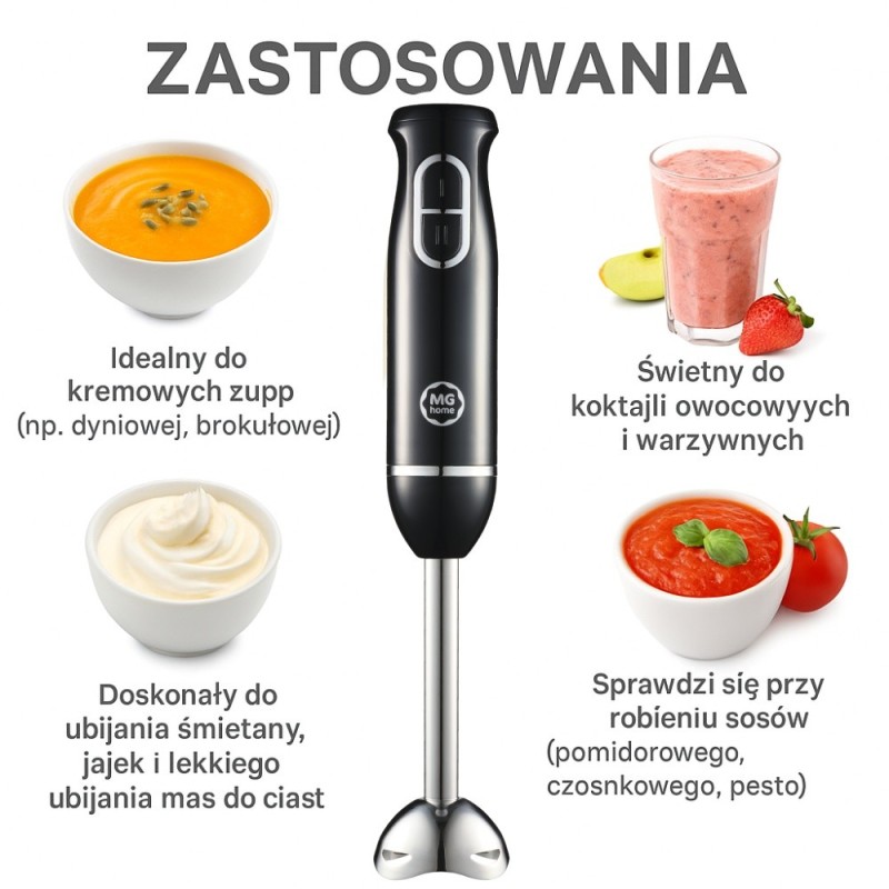 Blender ręczny MG Home 300W z regulacją prędkości czarny do zup koktajli mocny