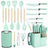 Zestaw noży kuchennych w bloku z przyborami i deską komplet 19 el pistacjowy Elitehoff E 6074