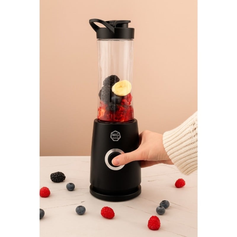 Blender personalny MG Home 500 ml 260W Butelka z ustnikiem, pokrywka i ostrze ze stali nierdzewnej czarny