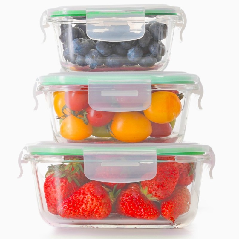 Pojemniki szklane kwadratowe lunchbox GierekHoff Corio GH 1102 zestaw 3 sztuki żaroodporne hermetyczne 1200/800/320 ml