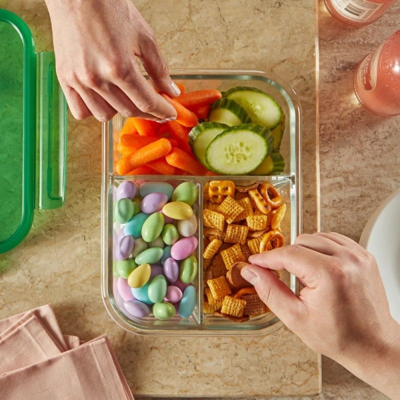 Zestaw 3 pojemników szklanych 1000 ml z przegrodami lunchbox GierekHoff Split 1111 żaroodporne hermetyczne trzykomorowe