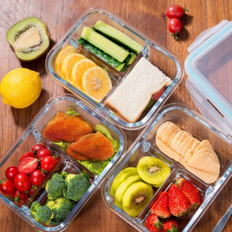 Zestaw 3 pojemników szklanych 1000 ml z przegrodami lunchbox GierekHoff Split 1111 żaroodporne hermetyczne trzykomorowe