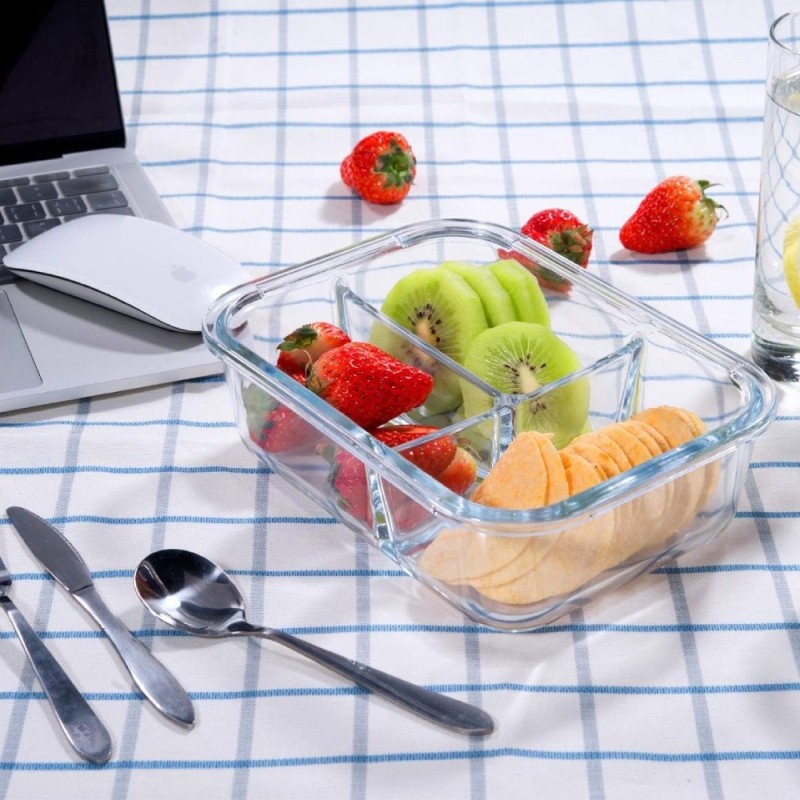 Zestaw 3 pojemników szklanych 1000 ml z przegrodami lunchbox GierekHoff Split 1111 żaroodporne hermetyczne trzykomorowe
