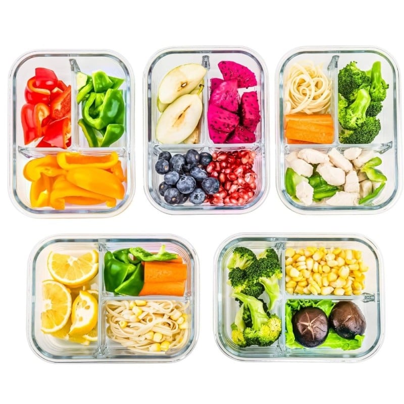 Zestaw 3 pojemników szklanych 1000 ml z przegrodami lunchbox GierekHoff Split 1111 żaroodporne hermetyczne trzykomorowe