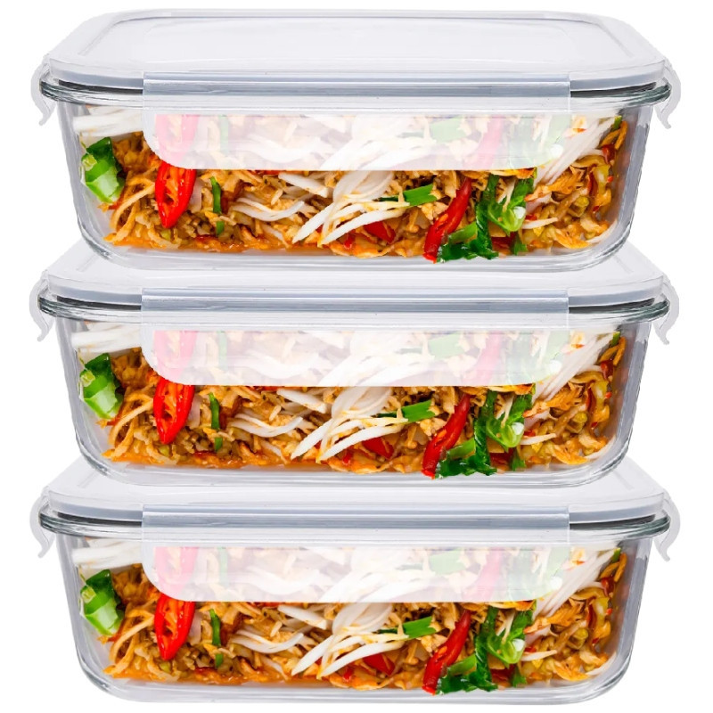Pojemniki szklane 640 ml prostokątne lunchbox GierekHoff Corio zestaw 3 sztuki żaroodporne hermetyczne GH 1108